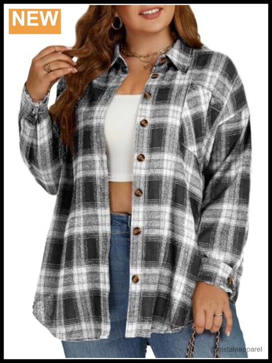 Tops - Plus Size Flannel Plaid Button Down Long Sleeve Tunic Shirt with Pockets